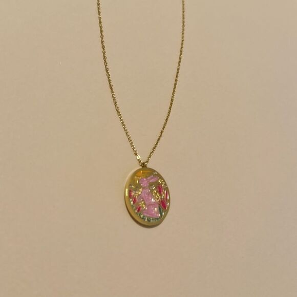 Gold and Pink Enamel Rabbit Pendant Necklace S902 - Picture 3 of 4